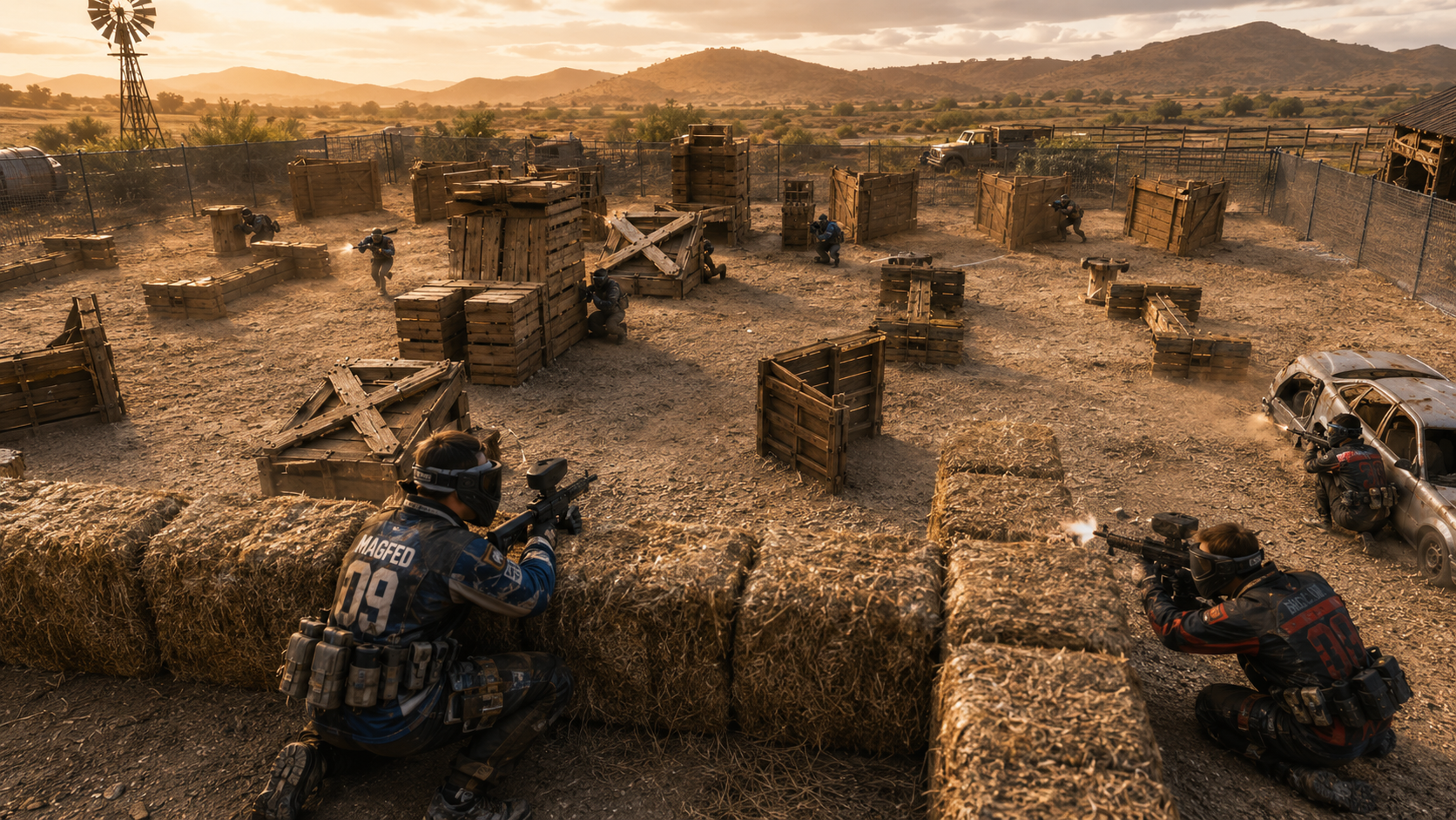 Jugadores avanzando entre barricadas de madera